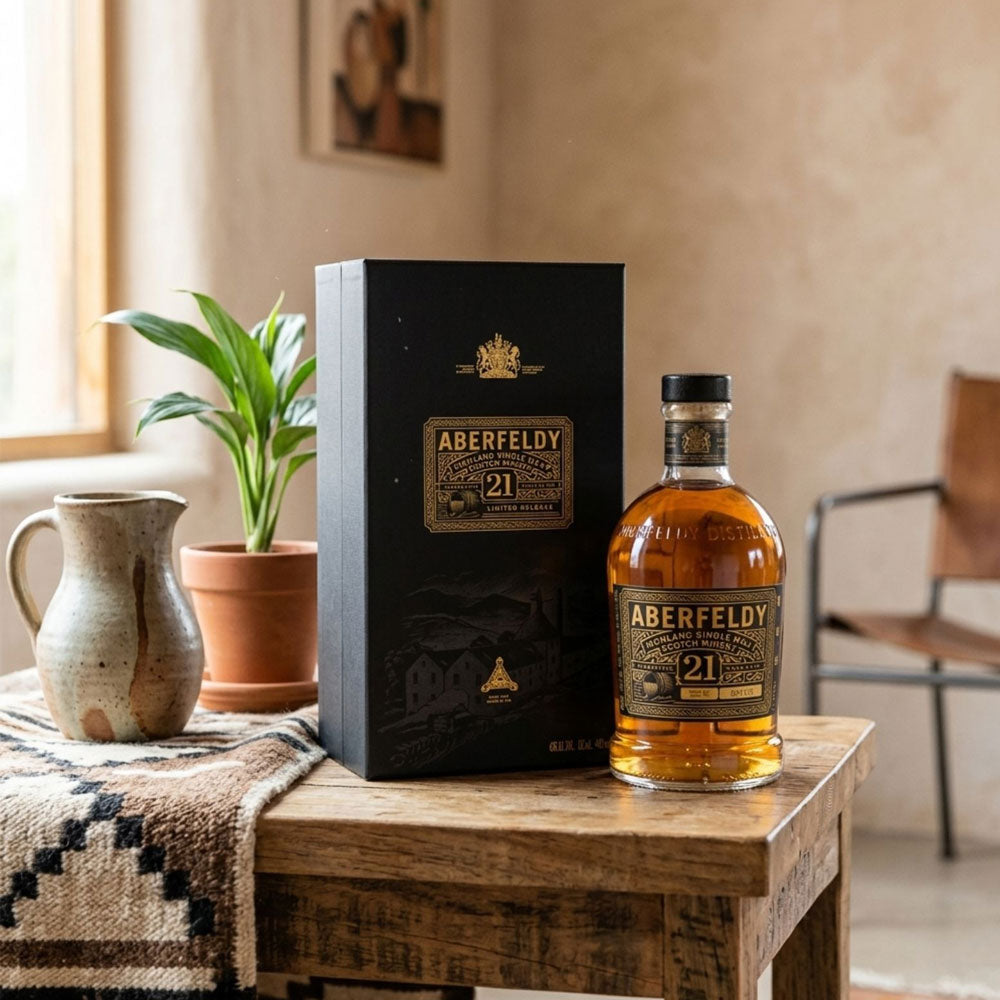 Aberfeldy 21 Year Old - This singlemalt superb dram whisky is matured in a combination of ex-Sherry and ex-Bourbon oak casks for 21 years.