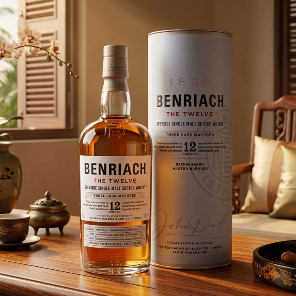 Benriach Twelve, Benriach spirit is three cask matured for at least twelve years in sherry casks, bourbon barrels and port casks.