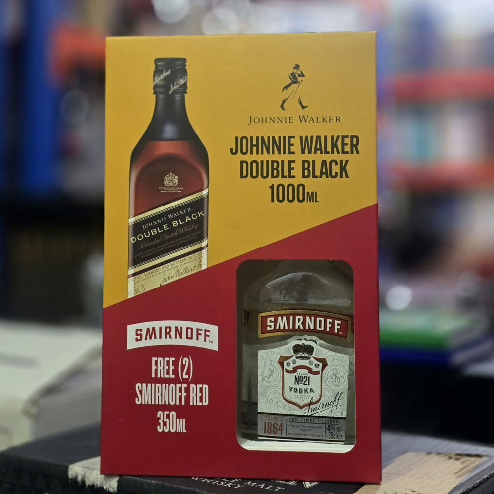 Enjoy a bottle of Johnnie Walker Double Black (1 Liter) and get 2 bottles free of Smirnoff Actual Box