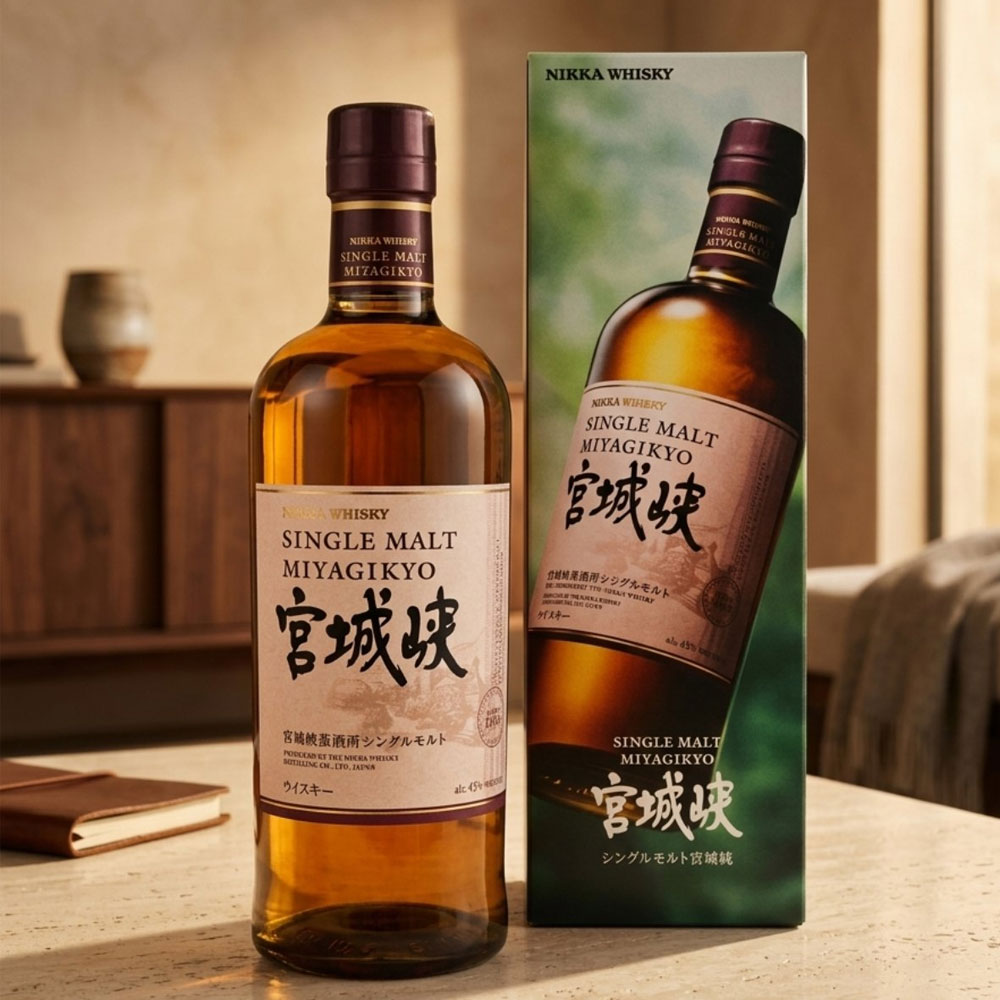 Miyagikyo Single Malt is described as soft and fruity. Using less peaty malt, this whisky is distilled in a pot still heated by indirect steam at a low temperature.