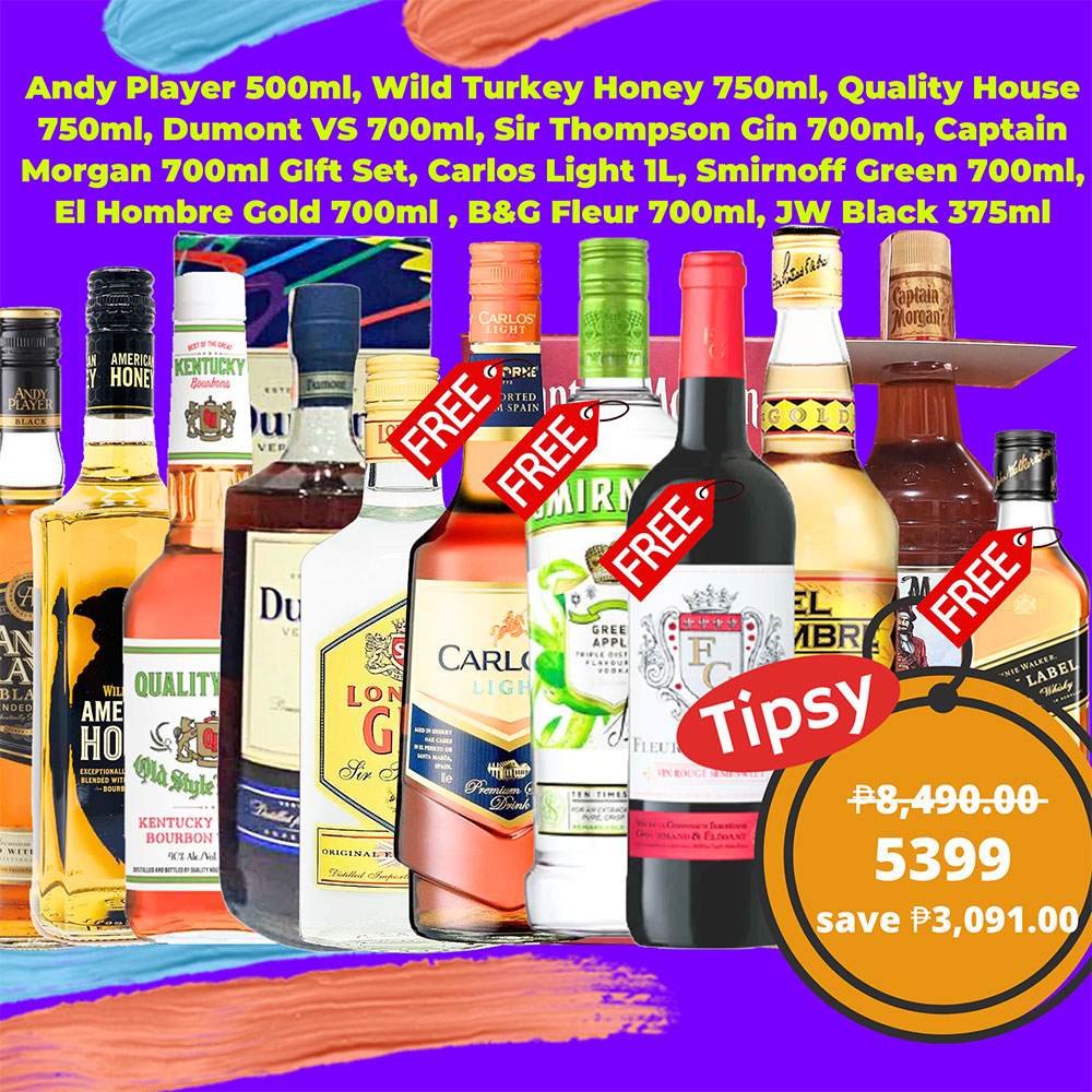 Andy Player 500ml, Wild Turkey Honey 750ml, Quality House 750ml, Dumont VS 700ml, Sir Thompson Gin 700ml, Captain Morgan 700ml GIft Set, Carlos Light 1L, Smirnoff Green 700ml, El Hombre Gold 700ml , B&G Fleur 700ml, JW Black 375ml