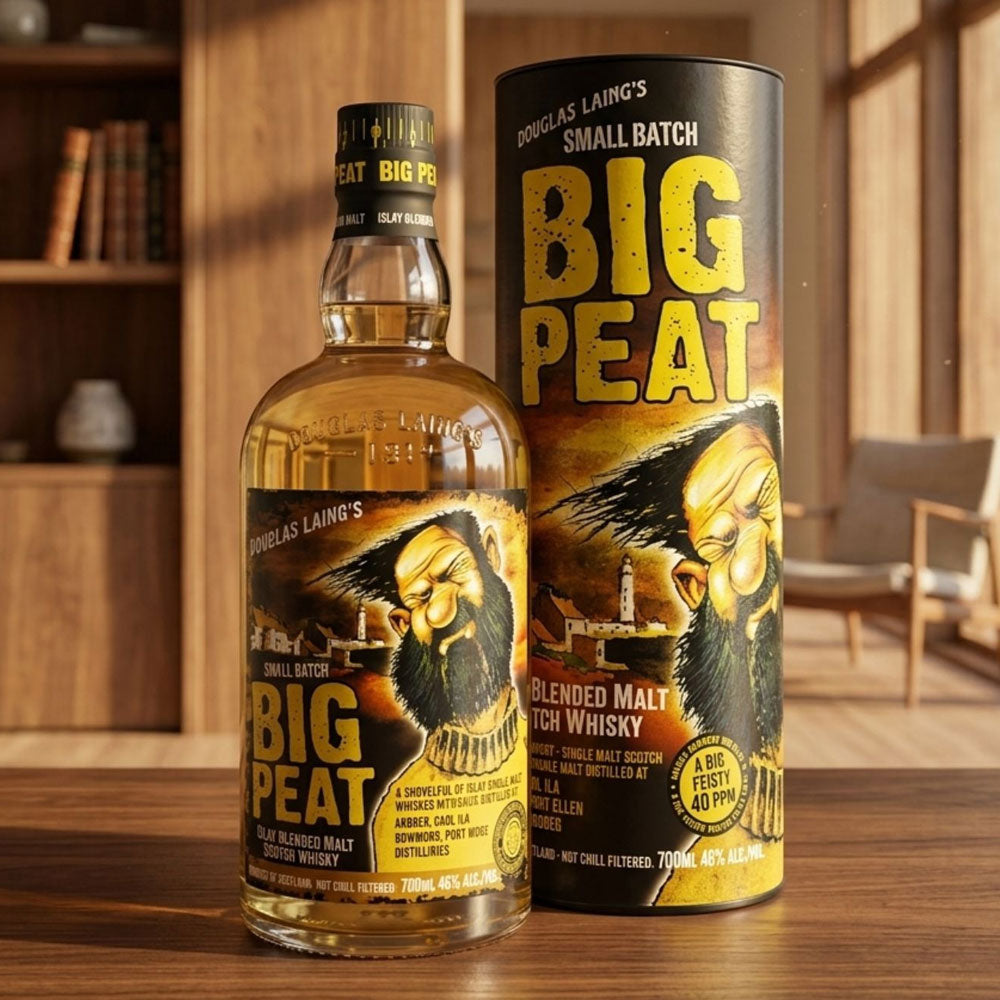 Big Peat is a blend of single malts from Islay distilleries, including Caol Ila (adding sweetness), Ardbeg (providing a medicinal, earthy quality), Bowmore (balancing the flavors), and the rare Port Ellen (adding a degree of elegance).
