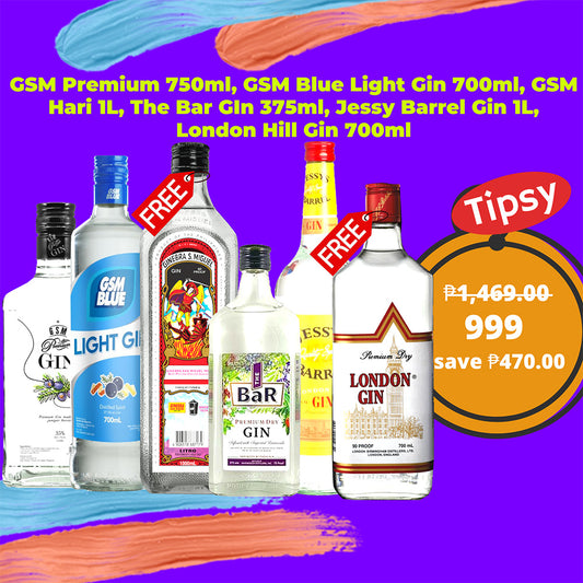 GSM Premium 750ml, GSM Blue Light Gin 700ml, GSM Hari 1L, The Bar GIn 375ml, Jessy Barrel Gin 1L, London Hill Gin 700ml