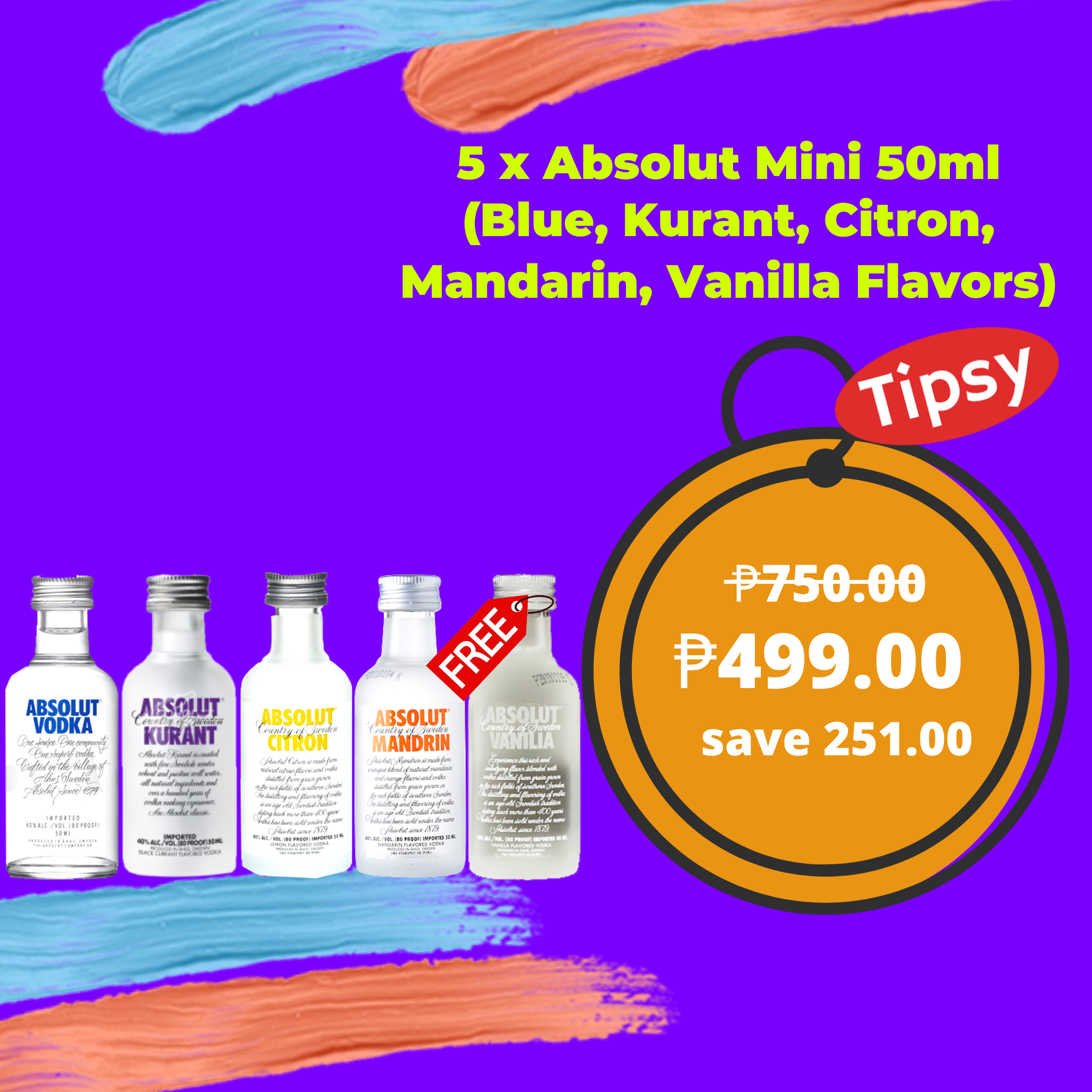 5 x Absolut Mini Vodka 50ml (Blue, Kurant, Citron, Mandarin, Vanilla Flavors)